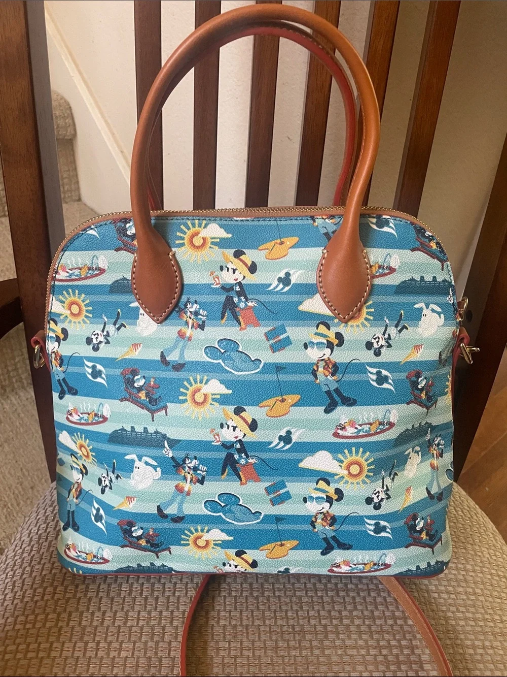 Dooney & Bourke Teal & Light Blue Disney Cruise Print Satchel with Tan Trim